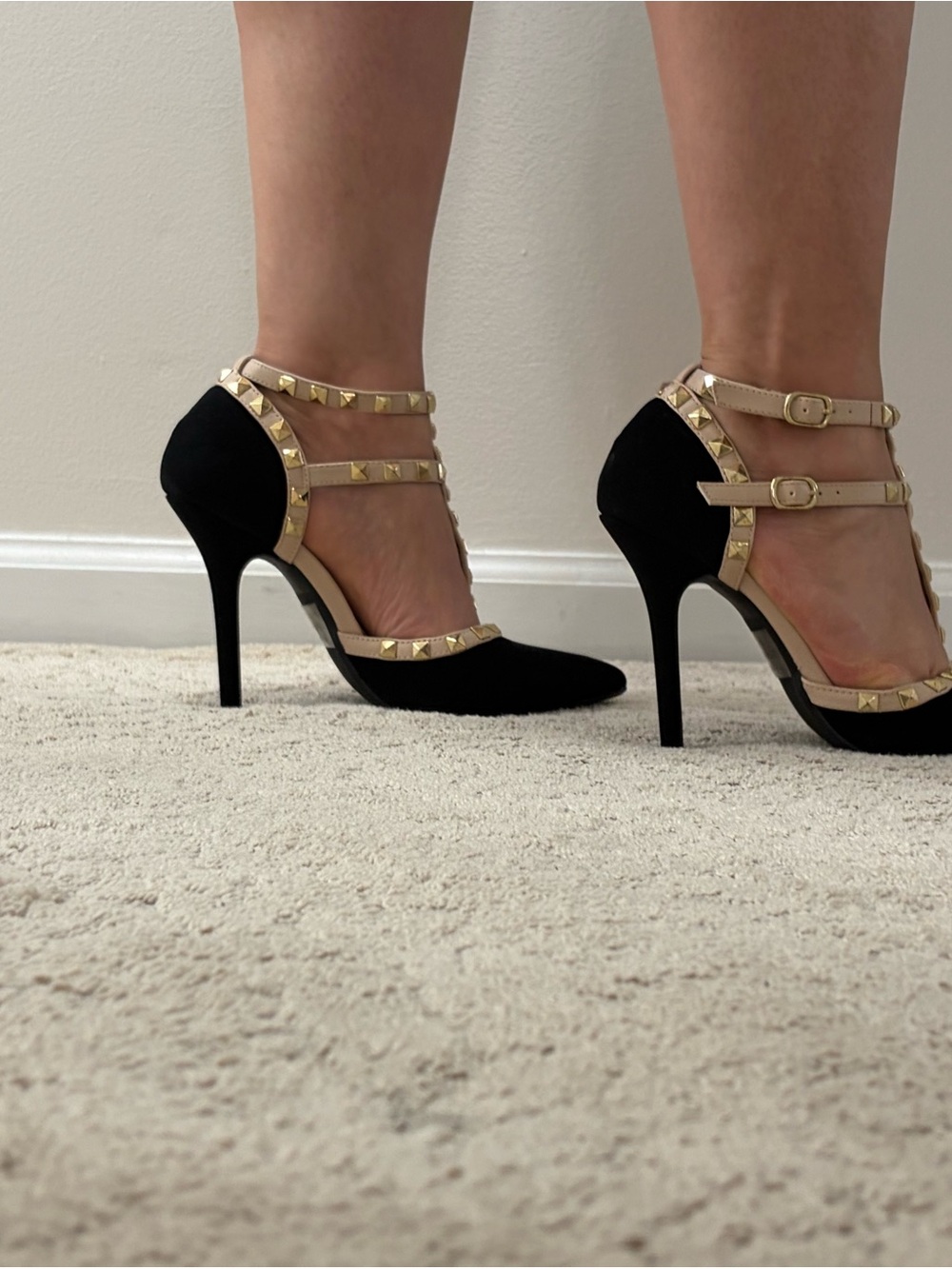 Wild Diva Black and Nude Studded Double-Strap Stilettos
